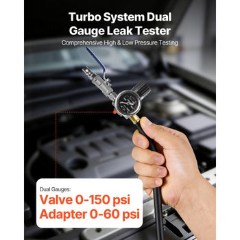 Turbo Boost Leak Tester Kit, Compatible with 3"/3.5"/4" Pipe, 0-150 PSI Valve Gauge & 0-60 PSI Adapter Gauge, Turbo System Leakage Tester Set with 4 Pairs of Air Fittings for Diesel Trucks, SUVs