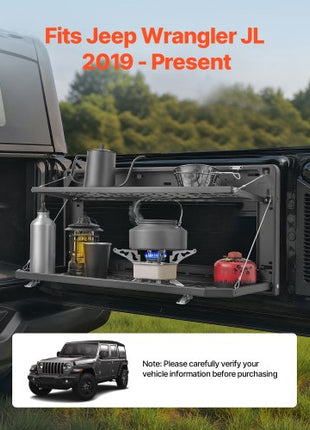 Tailgate Table for Jeep Wrangler JL 2019 - Present, Carbon Steel Foldable Molle Panel Double-Layer Drop Down Table, Rear Cargo Storage Rack Shelf Luggage Holder Carrier Camping Accessories