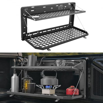 Tailgate Table for Jeep Wrangler JL 2019 - Present, Carbon Steel Foldable Molle Panel Double-Layer Drop Down Table, Rear Cargo Storage Rack Shelf Luggage Holder Carrier Camping Accessories