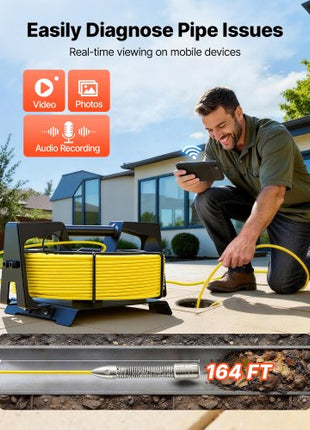 2026 Upgraded Sewer Camera with WiFi, 164ft/50m Drain Pipeline Camera, IP68 Snake Plumbing Cameras with Light - 12 LEDS, Wireless WiFi Connectivity to Phone/Tablet for Sewer Duct Pipe Inspection