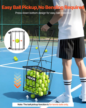 Tennis Ball Hopper, Holds 75 Tennis Balls, Pickleball Basket Cart with Wheels for Easy Pick Up, Portable Pickleball Caddy with Heavy-Duty Construction, Handle, for Training Carrying Storage