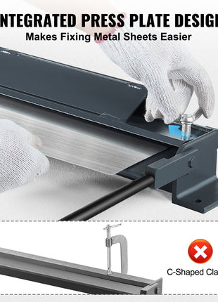 Integrated press plate design for fixing metal sheets, featuring durable gray metal and C-shaped clamps for stability.