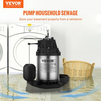 Sump Pump, 1/2 HP 3960 GPH, Submersible Stainless Steel Water Pump, 1-1/2" NPT Discharge With 33 ft Cord, Automatic Float Switch with Piggy-back Plug, for Indoor Basement Water Basin