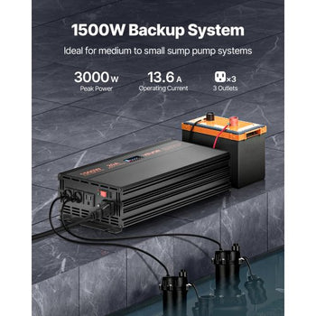 Sump Pump Battery Backup System, 1500W, Auto Switches to Battery Inverter for Continuous Sump Pump Operation, Pure Sine Wave, LCD Display, for Basement Protection Emergency and Power Outage