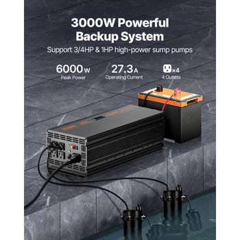 Sump Pump Battery Backup System, 3000W, Auto Switches to Battery Inverter for Continuous Sump Pump Operation, Pure Sine Wave, LCD Display, for Basement Protection Emergency and Power Outage