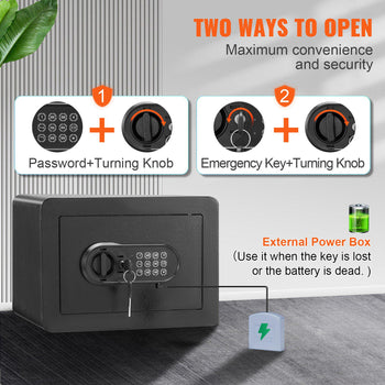 Black electronic safe with password and emergency key options, featuring a modern design and an external power box for access.