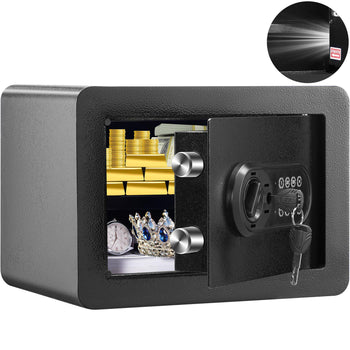 Black steel security safe with digital lock, key access, and interior shelving for jewelry and valuables.