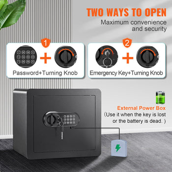 Black steel safe with keypad and turning knob, featuring emergency key access and external power box for convenience.