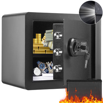 Black fireproof safe with digital keypad, interior featuring gold coins, cash, jewelry, and watches.