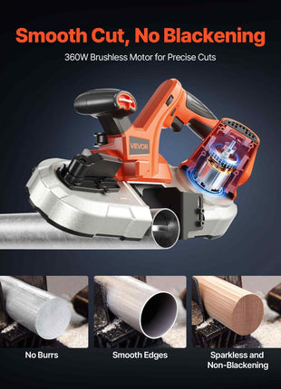 20V Portable Band Saw, 2.56-Inch Deep Cut, 360W Bandsaw with Brushless Motor, Cordless and Compact Portaband, Hang Hooks, 0-192 m/min Variable Speed, for Cutting Metal, Wood (Bare Tool Only)