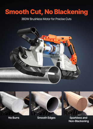20V Portable Band Saw, 5 Inches Deep Cut, 360W Bandsaw with Brushless Motor, Cordless and Compact Portaband, Hang Hooks, 0-120 m/min Variable Speed, for Cutting Metal, Wood (Bare Tool Only)