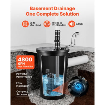 Sewage Pump System, 1/2 HP, 4800 GPH Cast Iron Sewage Pump with Basin Kit, 120 Volt Automatic Outdoor Water/Seepage Collection and Removal System with Vertical Float Switch, 2" Discharge, Black