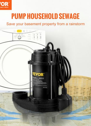 Submersible Sewage Pump, 3/4 HP, 5880 GPH, 1050W, Durable Cast Iron, Includes 2" Outlet and 10 ft Piggy-back Float Switch, Ideal for Septic Tanks, Basements
