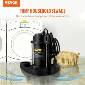 Submersible Sewage Pump, 3/4 HP, 5880 GPH, 1050W, Durable Cast Iron, Includes 2" Outlet and 10 ft Piggy-back Float Switch, Ideal for Septic Tanks, Basements