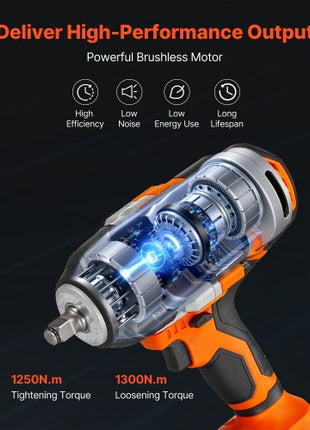 Cordless Impact Wrench, 958.8 ft-lbs / 1300 N·m High Torque, 1/2 inch, 20V Electric Impact Wrench with Brushless Motor, 2 x 4Ah Batteries, Charger, 5 Sockets and Belt Clip, for Car Tire Truck