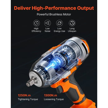 Cordless Impact Wrench, 958.8 ft-lbs / 1300 N·m High Torque, 1/2 inch, 20V Electric Impact Wrench with Brushless Motor, 2 x 4Ah Batteries, Charger, 5 Sockets and Belt Clip, for Car Tire Truck