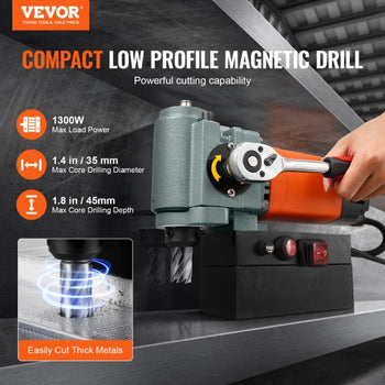 Magnetic Drill Press, 1300W Low Profile Mag Drill, Light Weight Portable Mag Drilling Machine with Cooling Device and Overload Protection, Mag Press for Equipment Installation, Industrial