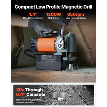Low Profile Magnetic Drill Press, 1300 W, 1.4 in Boring Diameter, 2248 lbf Power Portable Mag Drill Press, 650RPM Speed, with Weldon Shank, for Metal Surface, Industrial and Home Improvement