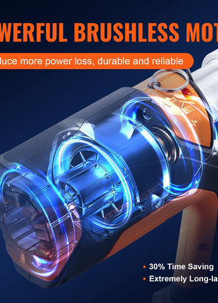 Powerful cordless drill with a brushless motor, featuring a sleek orange and black design for durability and efficiency.