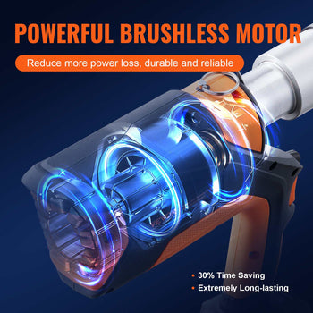 Powerful cordless drill with a brushless motor, featuring a sleek orange and black design for durability and efficiency.