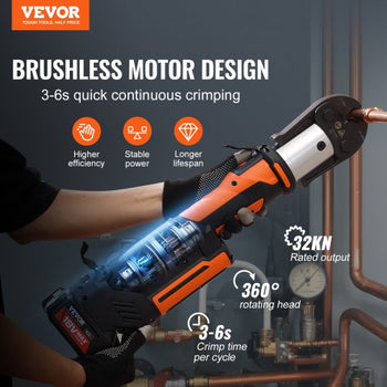 Press Tool, 18V Electric Pipe Crimping Tool for 1/2, 3/4, 1, 1 1/4", 1 1/2", 2" Copper Pipes, 32KN Press Tool Kit Compatible with ProPress - with Brushless Motor, 6 VUS Jaws, 2pcs 4AH Battery