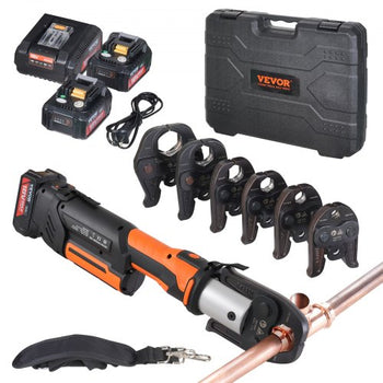 Press Tool, 18V Electric Pipe Crimping Tool for 1/2, 3/4, 1, 1 1/4", 1 1/2", 2" Copper Pipes, 32KN Press Tool Kit Compatible with ProPress - with Brushless Motor, 6 VUS Jaws, 2pcs 4AH Battery