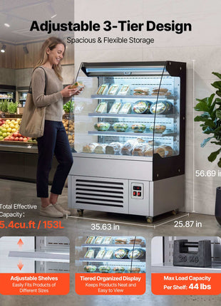 Open Air Merchandiser, 5.4 cu. ft. 3-Tier Shelving Commercial Refrigerator, Grab and Go Fan Cooling Display Cooler, with LED Lighting, Night Curtain, Upright for Restaurants, Stores, Office
