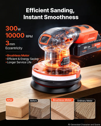 5-Inch Cordless Random Orbital Sander 300W Brushless Orbital Sander, 4000-10000RPM 7 Speeds Electric Palm Sanders with 10PCS Sandpapers & Dust Collection Bag for Woodworking Detailing Sanding