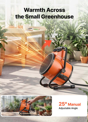 Greenhouse Heater, 1500W Electric Space Heater with Thermostat, Heating Tube Element, 25° Adjustable Angle, IPX4 & Overheat Protection, Great for Grow Tent, Greenhouse, Flower Room, Home Office