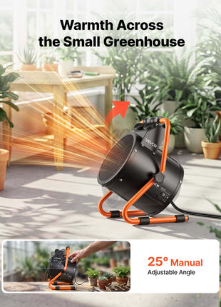 Greenhouse Heater, 1500W Electric Space Heater with Thermostat, Fan & High Heat Modes, 25° Adjustable Angle, IPX4 & Overheat Protection, for Grow Tent, Greenhouse, Flower Room, Home Office