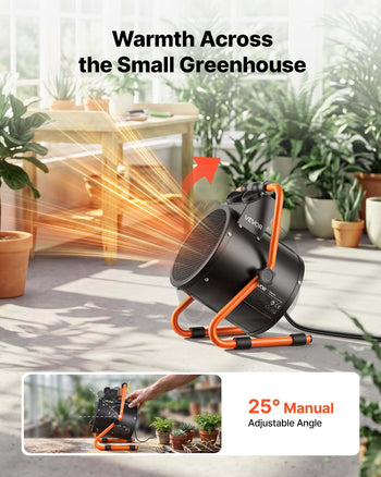 Greenhouse Heater, 1500W Electric Space Heater with Thermostat, Fan & High Heat Modes, 25° Adjustable Angle, IPX4 & Overheat Protection, for Grow Tent, Greenhouse, Flower Room, Home Office