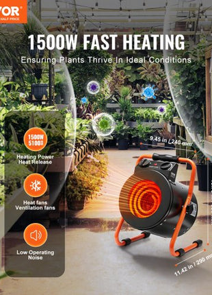 Greenhouse Heater with Thermostat, 1500W Fast Heating with Overheat Protection, 2-Speed Setting Small Grow Tent Heater, Electric Portable Heater Fan for Green House, Flower Room, Workplace