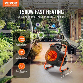 Greenhouse Heater with Thermostat, 1500W Fast Heating with Overheat Protection, 2-Speed Setting Small Grow Tent Heater, Electric Portable Heater Fan for Green House, Flower Room, Workplace