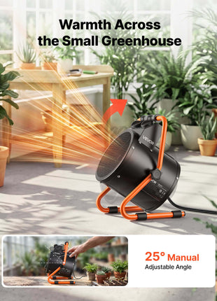 Greenhouse Heater, 1500W Electric Space Heater with Fan & High Heat Modes, IPX4 Protection, 25° Adjustable Angle, Overheat Protection, for Grow Tent, Small Greenhouse, Flower Room, Home Office