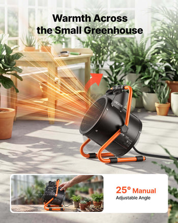Greenhouse Heater, 1500W Electric Space Heater with Fan & High Heat Modes, IPX4 Protection, 25° Adjustable Angle, Overheat Protection, for Grow Tent, Small Greenhouse, Flower Room, Home Office