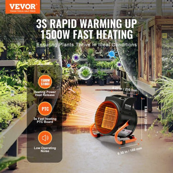 Greenhouse Heater with Thermostat, 1500W PTC Fast Heating with Overheat Protection, 3-Speed Setting Small Grow Tent Heater, Electric Portable Heater Fan for Green House, Flower Room, Workplace