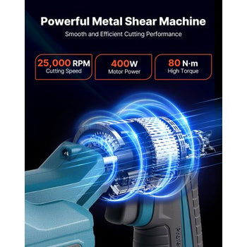 Metal Shear, Cordless Sheet Metal Cutter with 360-Degree Pivoting Head, Double Blades, 110VAC 20VDC, Cuts 18 GA Galvanized Steel, 20 GA Stainless Steel, Aluminum, Plastic, Cardboard, 2800SPM