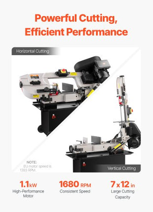 Metal Horizontal Band Saw, 7 x 12 in Rectangular Cutting Capacity, 110/220V Metal Vertical Cutting Bandsaw with 1.1 kW Motor, 0-45° Angle Adjustment, Variable Speed, for Metal, Wood, and Plastic