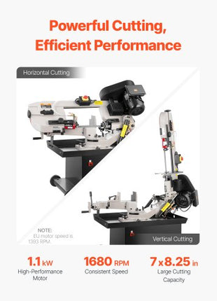 Metal Horizontal Band Saw, 7 x 8.25 in Rectangular Cutting Capacity, 110/220V Vertical Cutting Bandsaw with 1.1 kW Motor, 0-45° Angle Adjustment, Variable Speed, for Metal, Wood, and Plastic