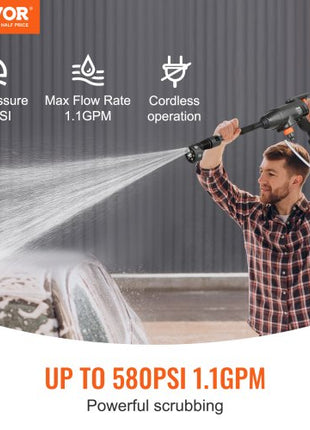 Cordless Pressure Washer, 580-PSI 1.1 GPM Portable Power Cleaner, Handheld High-Pressure Car Washer Gun with 4.0Ah Battery, Charger, 6-in-1 Nozzle, for Home/Floor Cleaning & Watering