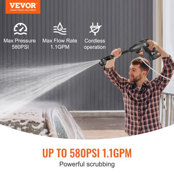 Cordless Pressure Washer, 580-PSI 1.1 GPM Portable Power Cleaner, Handheld High-Pressure Car Washer Gun with 4.0Ah Battery, Charger, 6-in-1 Nozzle, for Home/Floor Cleaning & Watering