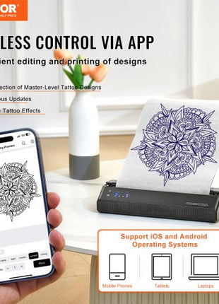 Tattoo Stencil Printer, Wireless Bluetooth Tattoo Printer Transfer Stencil Machine with 10Pcs Transfer Paper, Compatible for iOS?Android Phone, iPad?PC (with Storage Bag)
