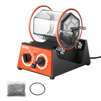 Black and orange VEVOR rock tumbler with glass barrel and steel polishing beads for jewelry making.