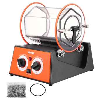 Vevor rotary tumbler machine, black and orange, with transparent drum, speed and time control, includes ceramic media.