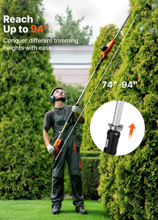 Cordless Pole Hedge Trimmer, 20V Electric Bush Trimmer Kit with 18 Inch Double-Edged Steel Blade, 74-94 Inches Telescoping Design for High Branches (2.0Ah Battery and Fast Charger Included)