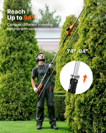 Cordless Pole Hedge Trimmer, 20V Electric Bush Trimmer Kit with 18 Inch Double-Edged Steel Blade, 74-94 Inches Telescoping Design for High Branches (2.0Ah Battery and Fast Charger Included)