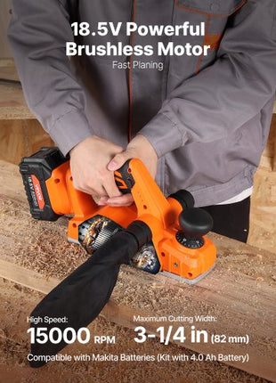 Cordless Handheld Planer, 3-1/4-Inch Cut Width, 15000 RPM Electric Hand Wood Planer with 4.0 Ah 18V Lithium Battery, Brushless Motor, Adjustable Cut Depth, Dust Collection Bag, for Woodworking