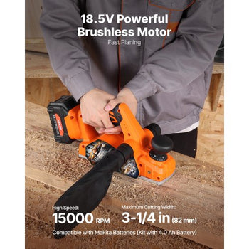 Cordless Handheld Planer, 3-1/4-Inch Cut Width, 15000 RPM Electric Hand Wood Planer with 4.0 Ah 18V Lithium Battery, Brushless Motor, Adjustable Cut Depth, Dust Collection Bag, for Woodworking