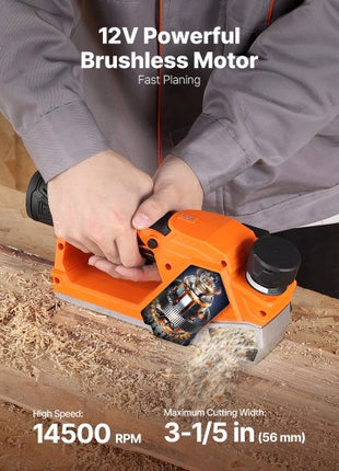 Cordless Handheld Planer, 2-1/5-Inch Cut Width, 14500 RPM Electric Hand Wood Planer with 2 Ah 12V Lithium Battery, Brushless Motor, Adjustable Cut Depth, 2 Blades, for Woodworking Wood Chamfer