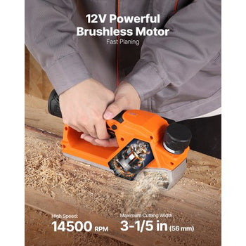Cordless Handheld Planer, 2-1/5-Inch Cut Width, 14500 RPM Electric Hand Wood Planer with 2 Ah 12V Lithium Battery, Brushless Motor, Adjustable Cut Depth, 2 Blades, for Woodworking Wood Chamfer